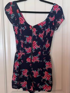 Charlotte Russe Navy Romper with Pink Floral Print Medium